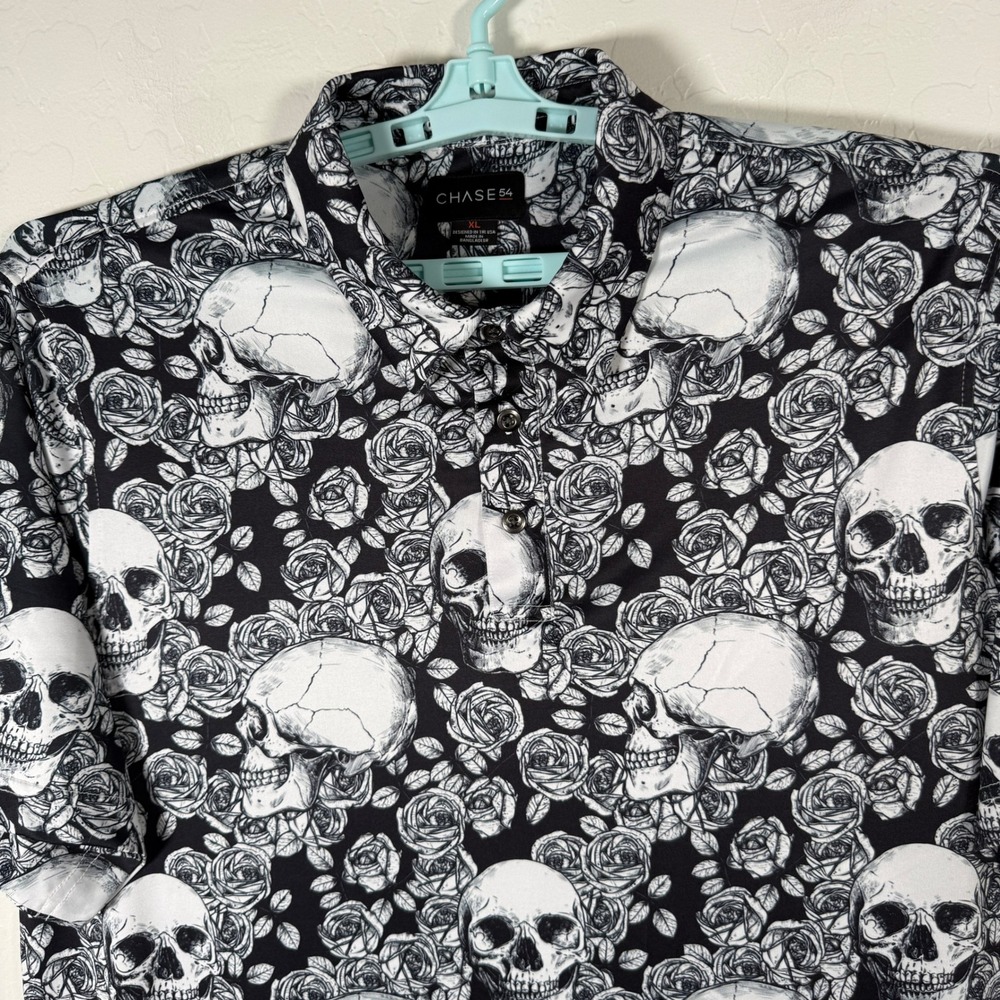Chase 54 Polo Shirt Mens XL Black White Skull Rose Floral Print Performance Golf
